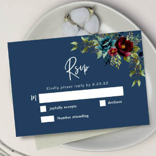 Cartão RSVP Elegante chic azul marinho floral burgundy casamen