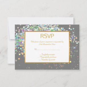 CARTÃO RSVP ELEGANTE CINZA BRANCO PASTEL HOLOGRÁFICO PERSONALI
