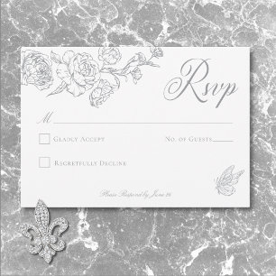 Cartão RSVP Elegante Cinza Casamento com Crista e Pássaro em C