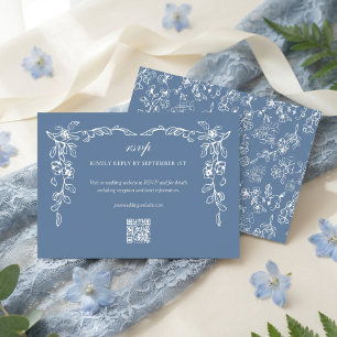 Cartão RSVP Elegante Código QR de Casamento Azul Francês Vinta