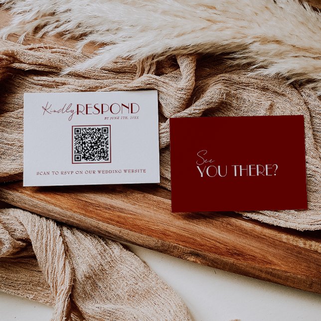 Cartão RSVP Elegante Código QR de Casamento Burgundy Branco Pr (Criador carregado)