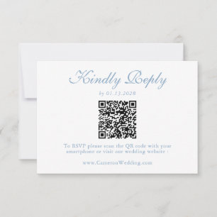 Cartão RSVP Elegante código QR floral azul poeirento casamento
