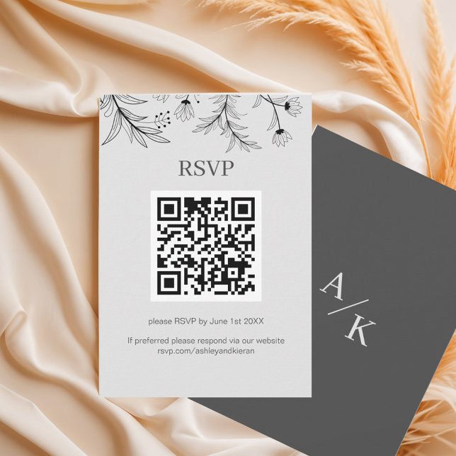 Cartão RSVP Elegante Código QR Floral de Casamento (Criador carregado)