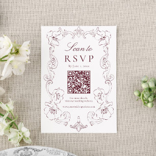 Cartão RSVP Elegante Código QR Floral Ornamentado Burgundy Cas