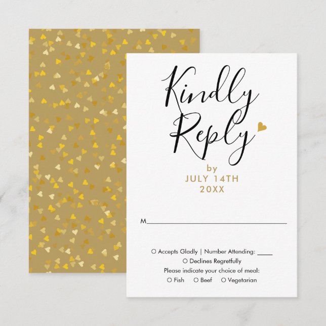 Cartão RSVP Elegante Coração Dourado Chic Grafia Casamento (Frente/Verso)
