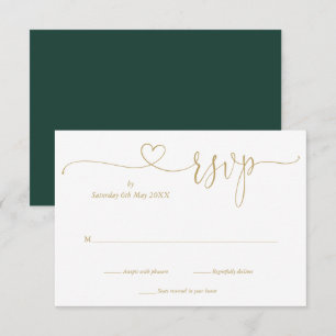 Cartão RSVP Elegante Coração em Script de Esmeralda e Ouro