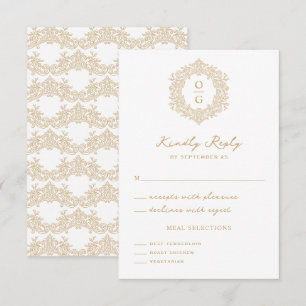 Cartão RSVP Elegante Crista de Herança em Ouro Casamento