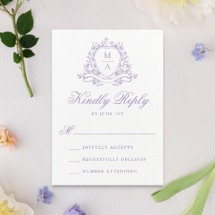 Cartão RSVP Elegante Crista Floral de Lavanda Monograma de Cas