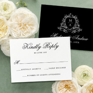 Cartão RSVP Elegante Crista Floral Preta Monograma Casamento