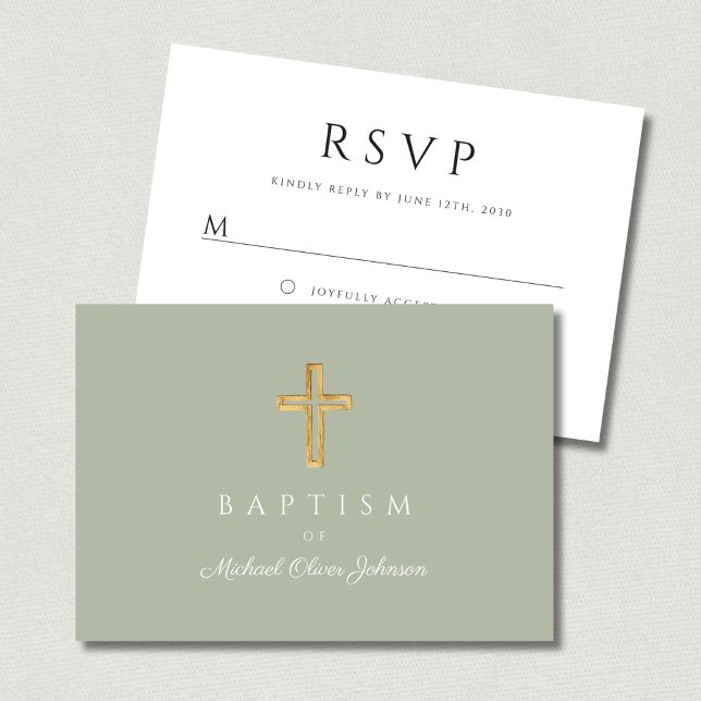 Cartão RSVP Elegante Cruz Religiosa Verde Sálvia Batismo (Elegant Sage Green Religious Cross Baptism RSVP Card)