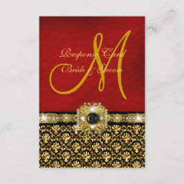 Cartão RSVP Elegante damasco preto vermelho dourado