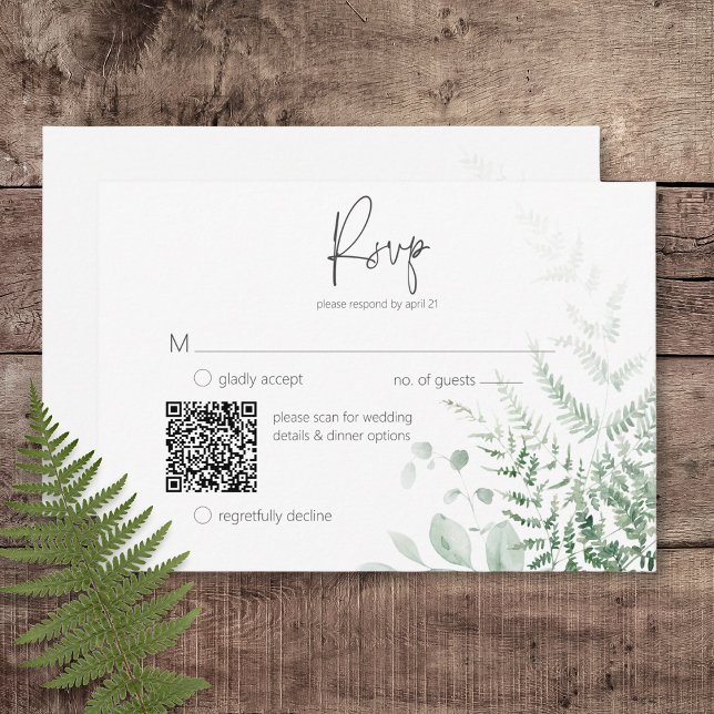 Cartão RSVP Elegante Delicar Greenery Ferns Código QR (Elegant Delicate Greenery Ferns Wedding Response Card with QR Code)