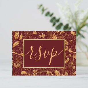 Cartão RSVP Elegante Deslumbrante Folhagem Burgundy Escuro e D