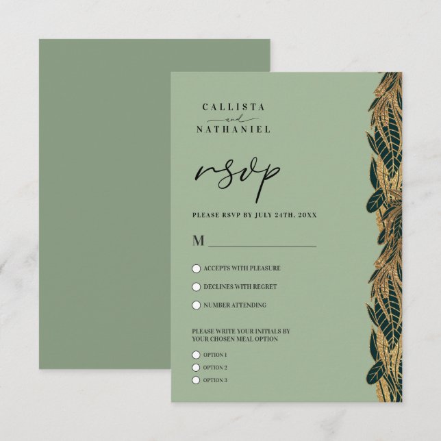 Cartão RSVP Elegante Dourado Sage Green Greenery deixa casamen (Frente/Verso)