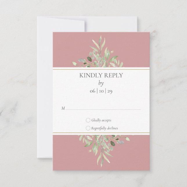 Cartão RSVP Elegante Dusty Rosa Greenery Wedding (Frente)