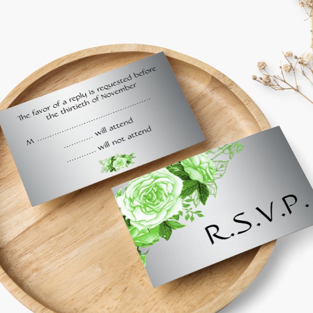 Cartão RSVP Elegante Emerald Rosas e Casamento Silver (Criador carregado)