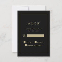 Cartão RSVP Elegante Enclausura Preta Dourada com Caligrafia p