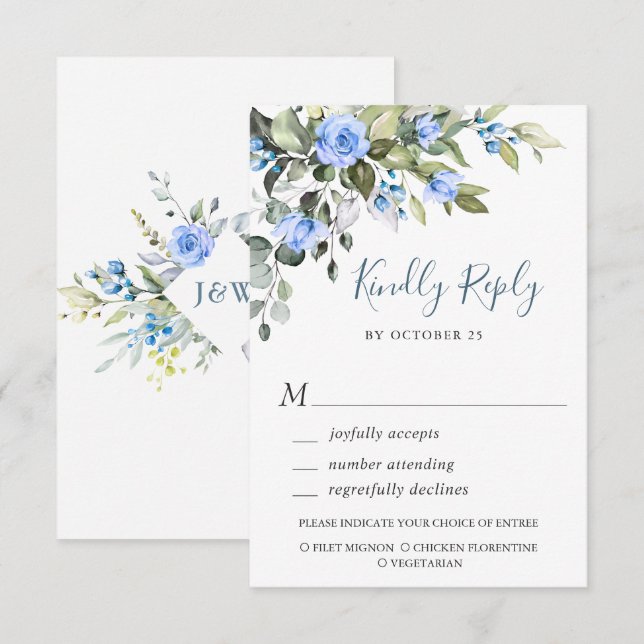 Cartão RSVP Elegante Eucalyptus Blue Rosas Casamento Floral (Frente/Verso)
