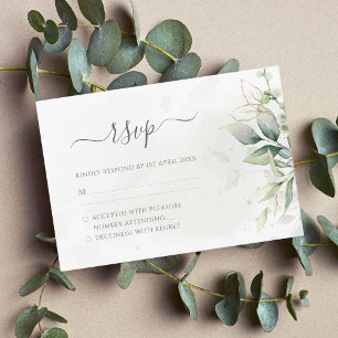 Cartão RSVP Elegante Eucalyptus Deixa Casamento Dourado Verde
