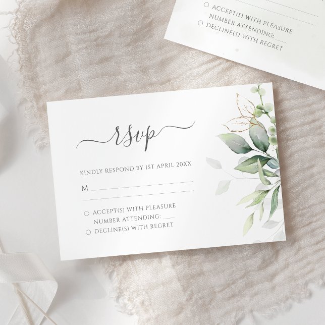 Cartão RSVP Elegante Eucalyptus Deixa Casamento Dourado Verde (Criador carregado)