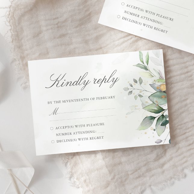 Cartão RSVP Elegante Eucalyptus Deixa Casamento Dourado Verde (Criador carregado)