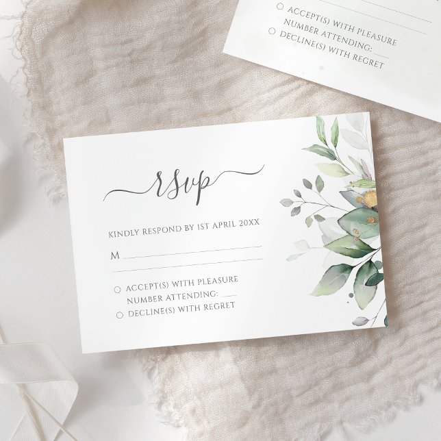 Cartão RSVP Elegante Eucalyptus Deixa Casamento Dourado Verde (Criador carregado)