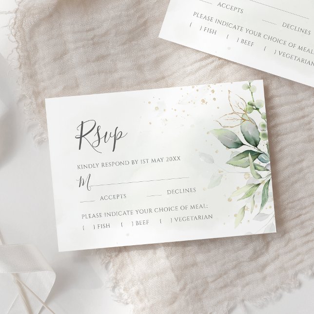 Cartão RSVP Elegante Eucalyptus Deixa Casamento Dourado Verde (Criador carregado)