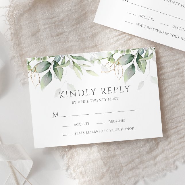 Cartão RSVP Elegante Eucalyptus Deixa Casamento Dourado Verde (Criador carregado)