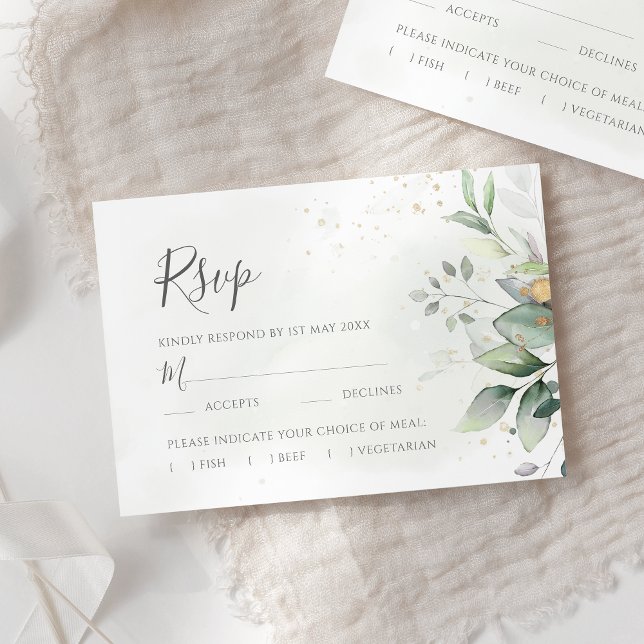 Cartão RSVP Elegante Eucalyptus Deixa Casamento Dourado Verde (Criador carregado)