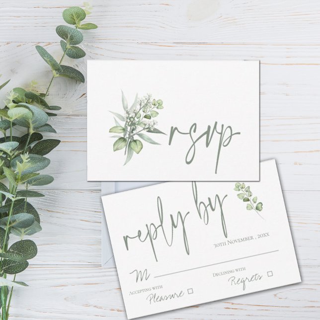 Cartão RSVP Elegante Eucalyptus Deixa Casamento Verde (Criador carregado)