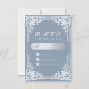 Cartão RSVP Elegante Falso Azul Pó Cinzento Prata Casamento Vi
