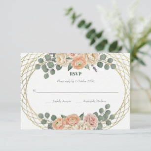 Cartão RSVP Elegante Flor de Pêssego e Treliça Dourada Oval de