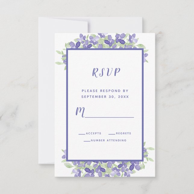 Cartão RSVP Elegante Floral Aquarela Casamento Azul Vinca (Frente)