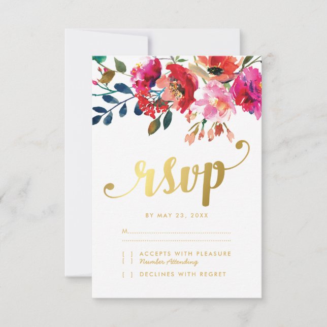 Cartão RSVP Elegante Floral Aquarela Dourado Branco Casamento  (Frente)