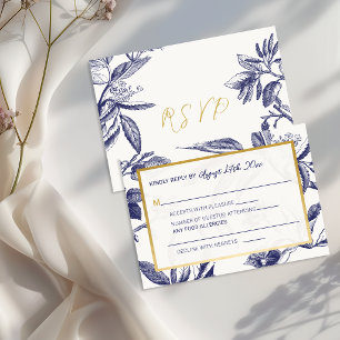 Cartão RSVP Elegante Floral Azul e Dourado