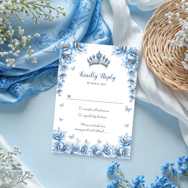 Cartão RSVP Elegante Floral Dusty Blue Princess Quinceañera (Criador carregado)