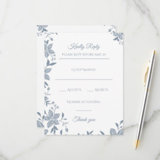 Cartão RSVP Elegante Floral em Azul Poeirento Presença