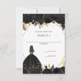 Cartão RSVP Elegante Floral Princesa Preto Dourado Quinceanera