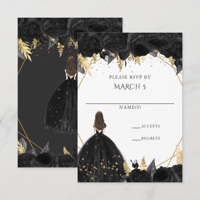 Cartão RSVP Elegante Floral Princesa Preto Dourado Quinceanera (Frente/Verso)