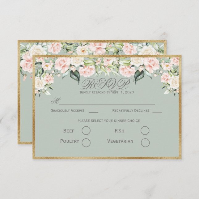 Cartão RSVP Elegante Floral Sage Green Dourado Script Weding R (Frente/Verso)