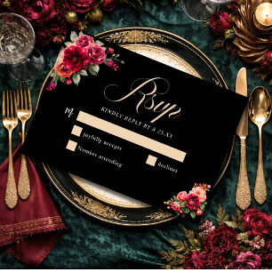 Cartão RSVP Elegante floral vermelho preto sombrio Casamento r