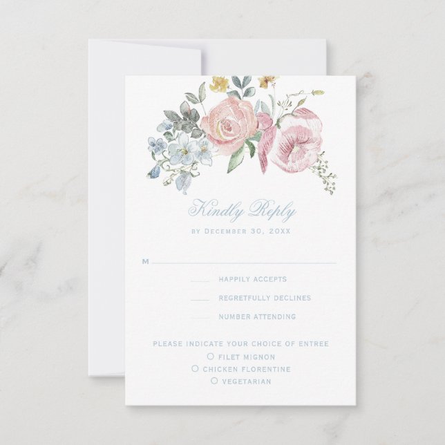 Cartão RSVP Elegante Floral Wreath Crest | Casamento Monograma (Frente)