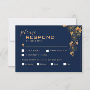 Cartão RSVP Elegante Folhagem Floral Dourada Azul Naval