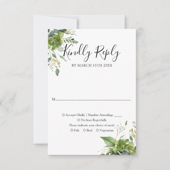 Cartão RSVP Elegante Greenery Floral Wedding Kindy Reply (Frente)