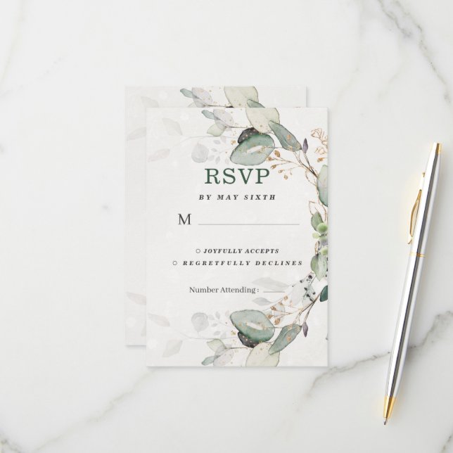 Cartão RSVP Elegante Greenery Rustic Eucalyptus Floral (Frente/Verso In Situ)