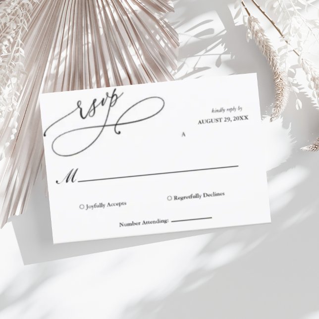 Cartão RSVP Elegante guión negro y blanco Boda simple (Criador carregado)