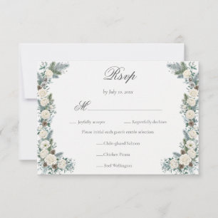 Cartão RSVP Elegante Jantar de Noite de Natal com Flores Branc