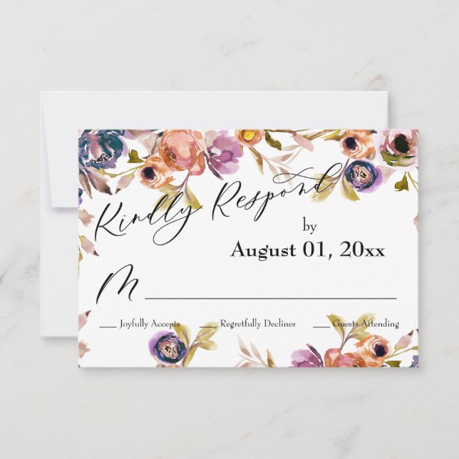 Cartão RSVP Elegante Kindly Responde Watercolor Boho Floral (Frente)