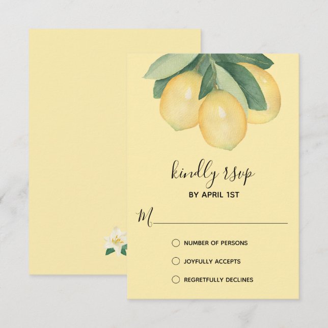 Cartão RSVP Elegante Lemon Watercolor (Frente/Verso)