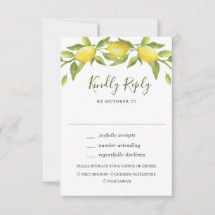 Cartão RSVP Elegante Lemons Watercolor Casamento Verde